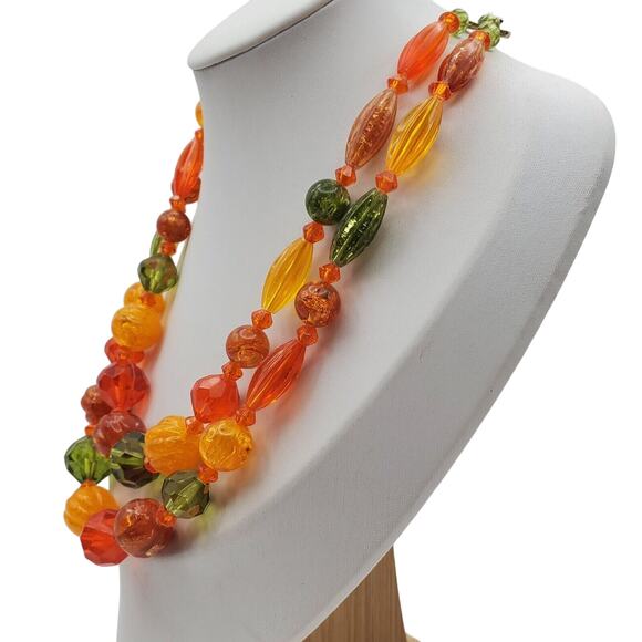 Vintage West Germany Acrylic Bead Necklace Earrings Set Orange Green Retro 1960s - Picture 5 of 10